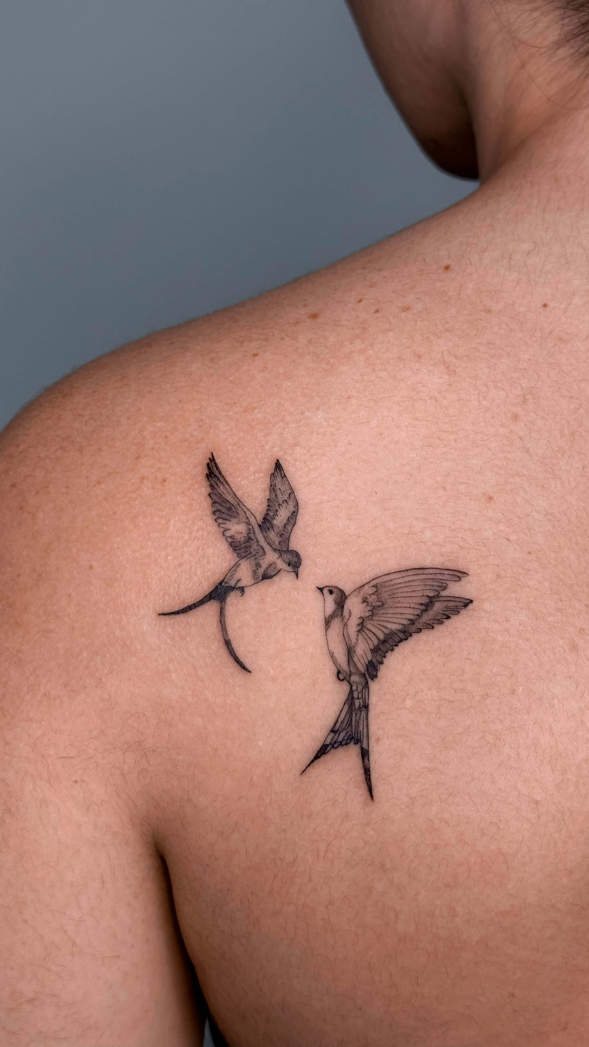 Fine line birds tattoo on the shoulder
